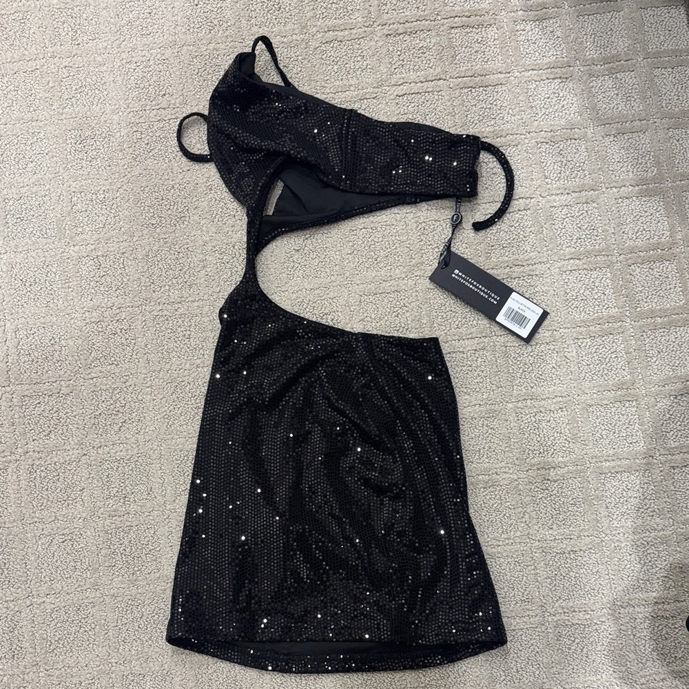 White Fox Black One-Shoulder Cutout Dress with Sparkle